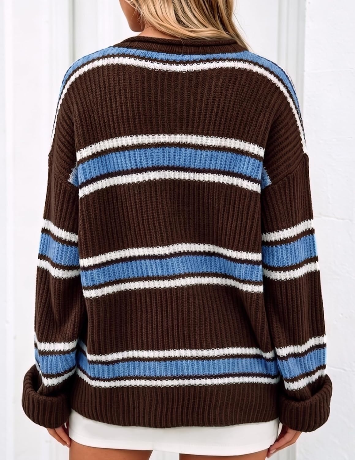 image:imageZESICA Womens Fall Winter Oversized Striped Knit Sweaters Fashion ClothesCoffee Brown