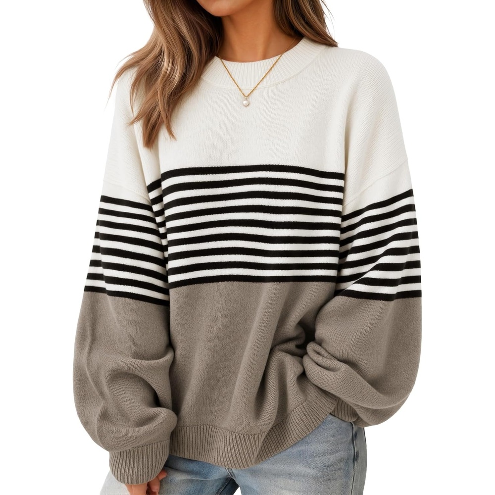 image:imageZESICA Oversized Sweaters for Women 2026 Fall Trendy Pullover TopsKhaki Stripe