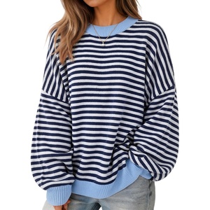 ZESICA Oversized Sweaters for Women 2026 Fall Trendy Pullover Tops(Navy Stripe)
