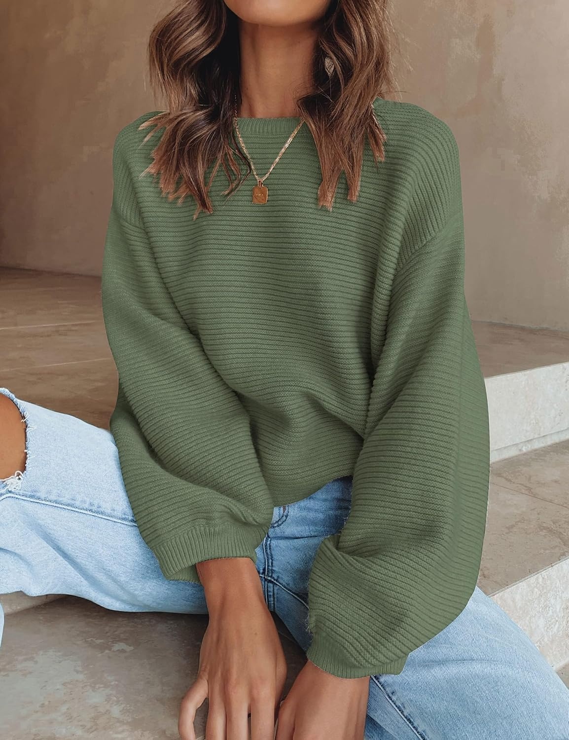 image:imageZESICA Fall Sweaters for Women Long Sleeve Knit Sweater TopsArmygreen