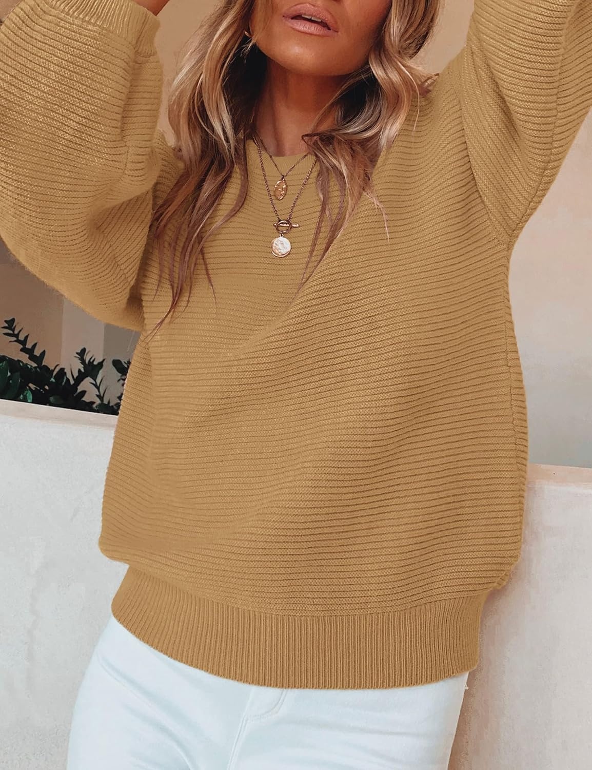 image:imageZESICA Fall Sweaters for Women Long Sleeve Knit Sweater TopsCamel