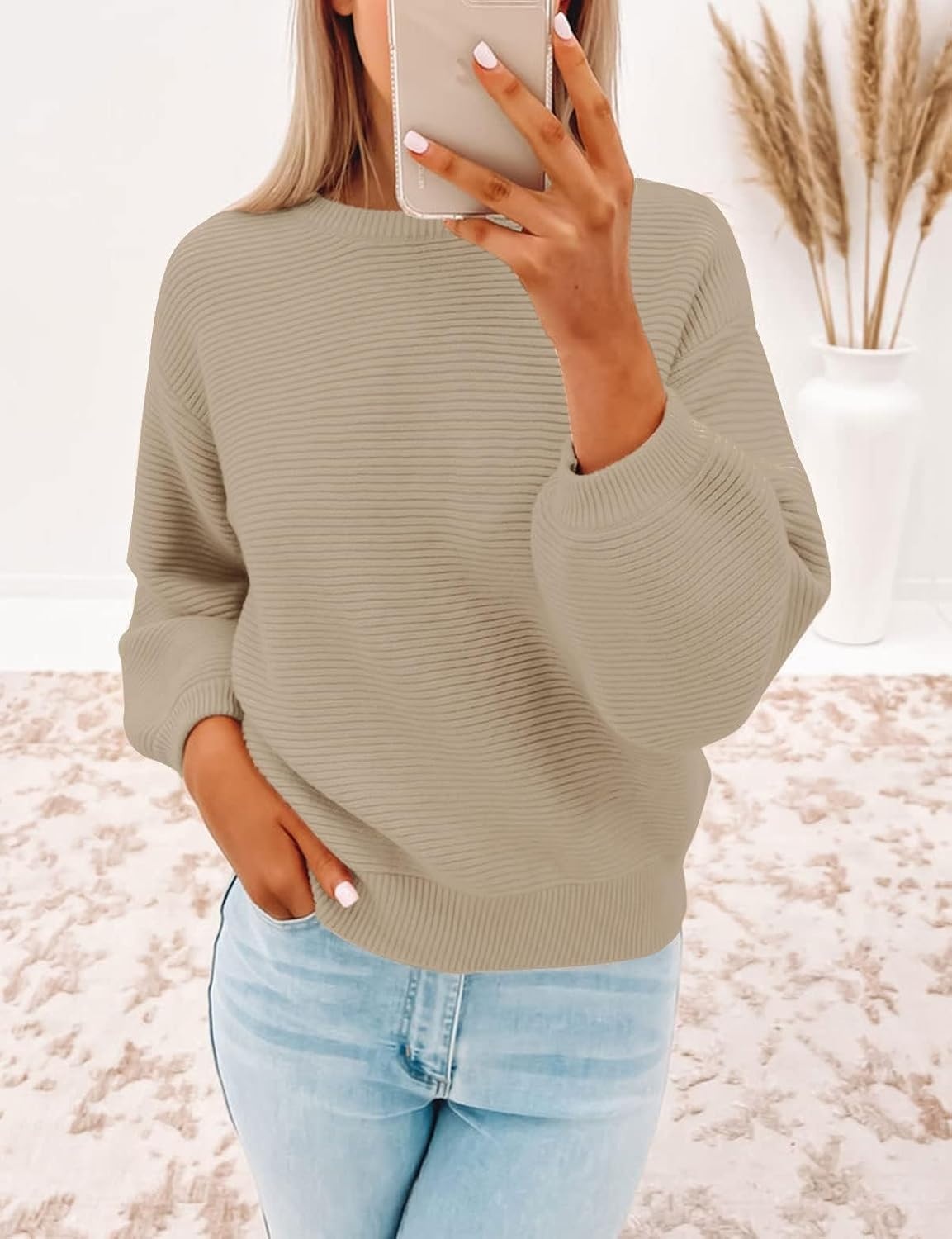 image:imageZESICA Fall Sweaters for Women Long Sleeve Knit Sweater TopsKhaki