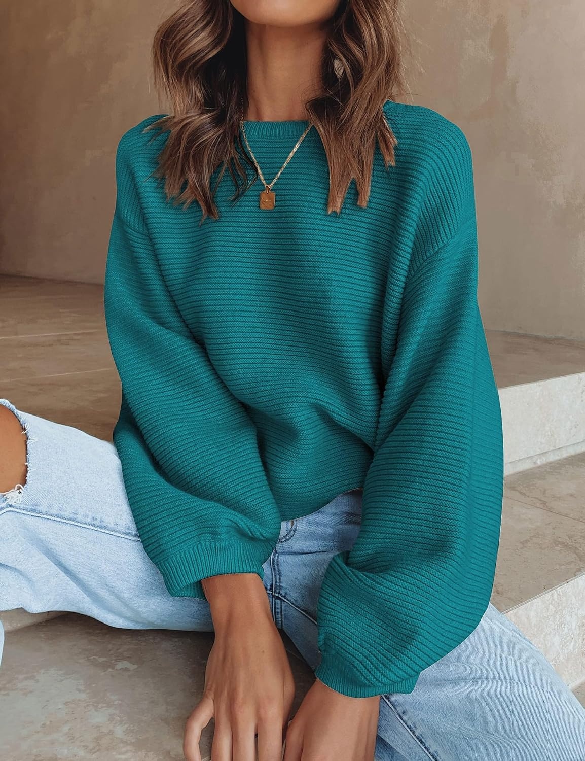 image:imageZESICA Fall Sweaters for Women Long Sleeve Knit Sweater TopsTeal