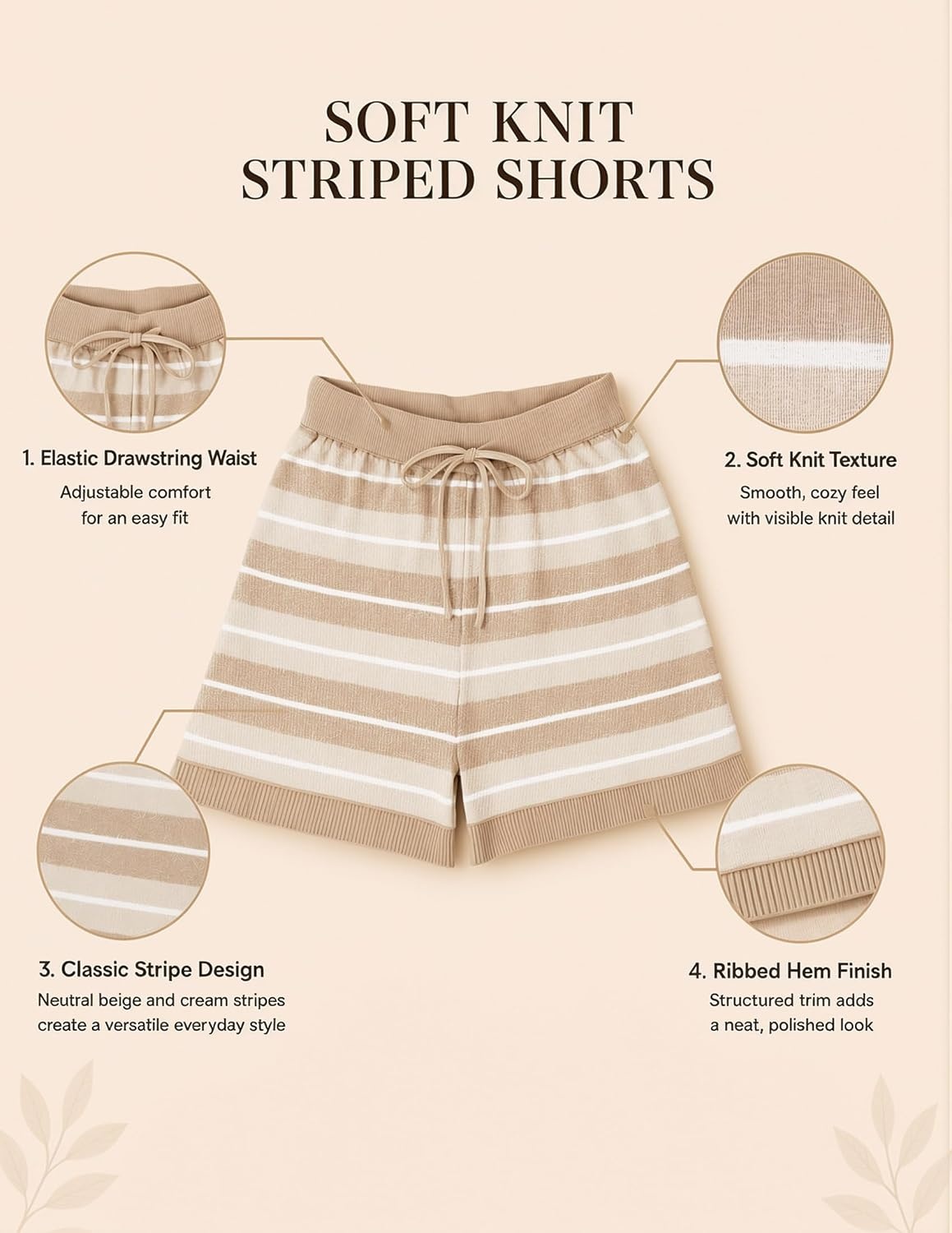 image:imageZESICA Womens 2 Piece Striped Casual Long Sleeve Sweater Shorts SetsApricot