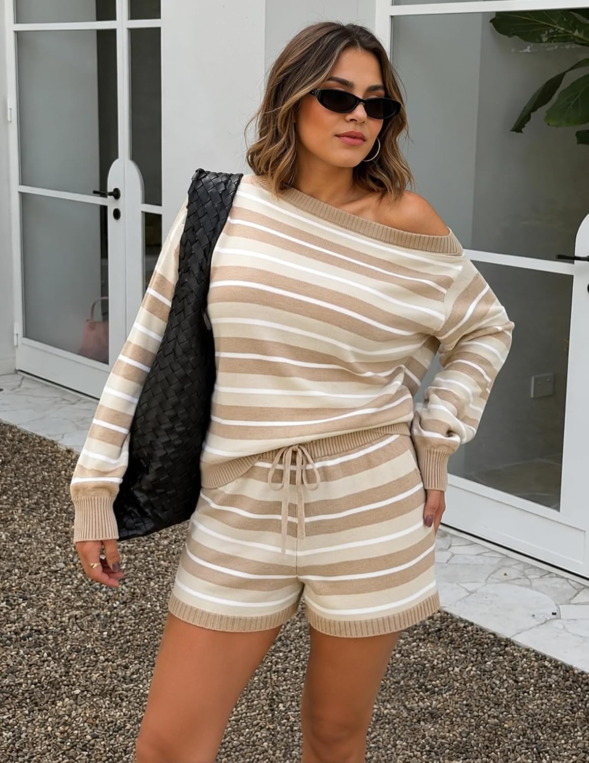 image:imageZESICA Womens 2 Piece Striped Casual Long Sleeve Sweater Shorts SetsApricot