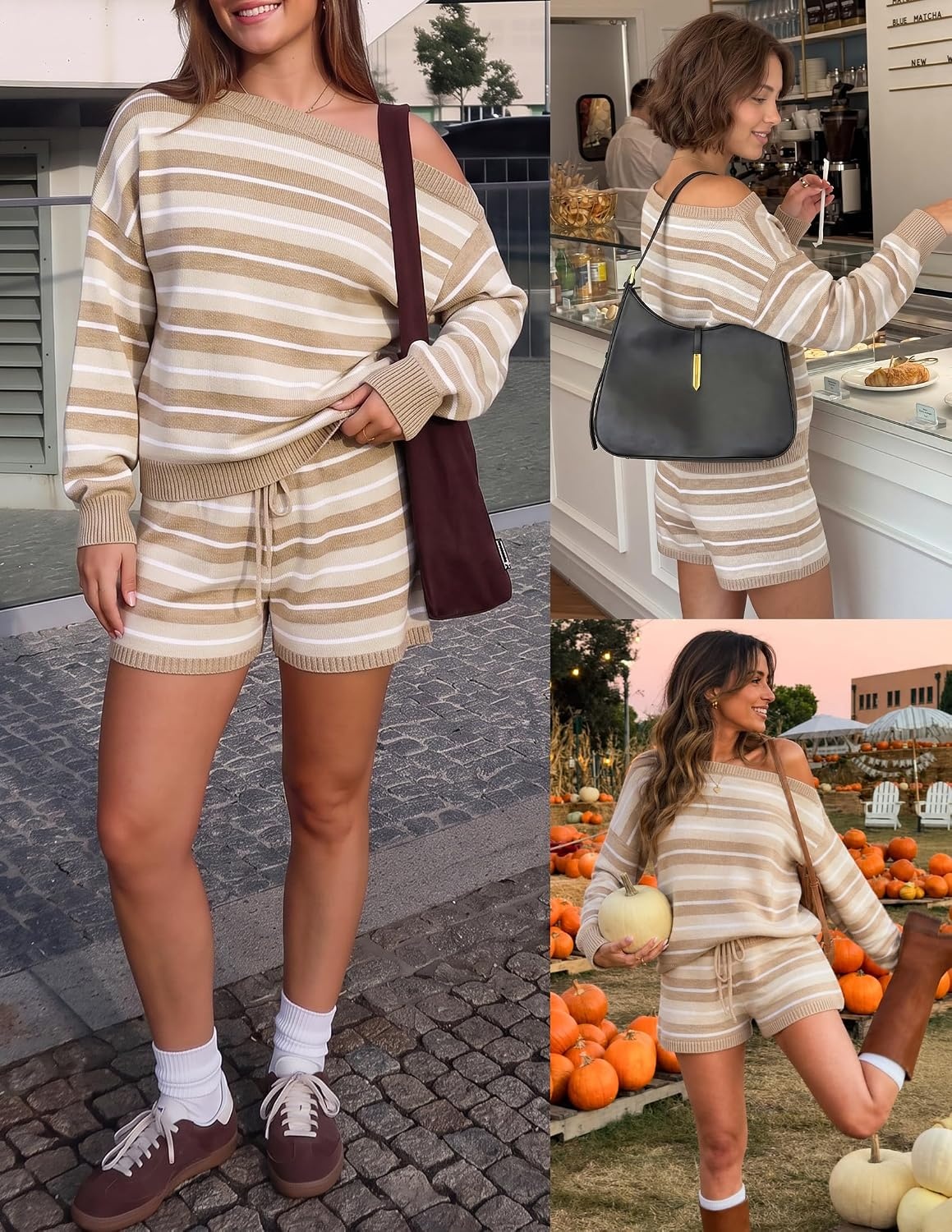 image:imageZESICA Womens 2 Piece Striped Casual Long Sleeve Sweater Shorts SetsApricot