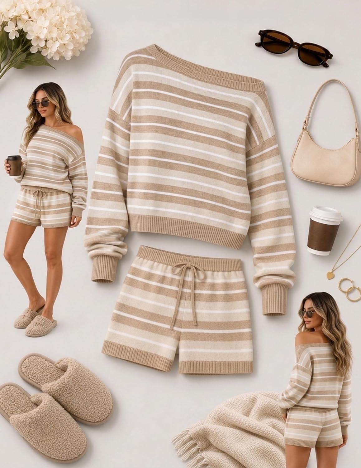 image:imageZESICA Womens 2 Piece Striped Casual Long Sleeve Sweater Shorts SetsApricot
