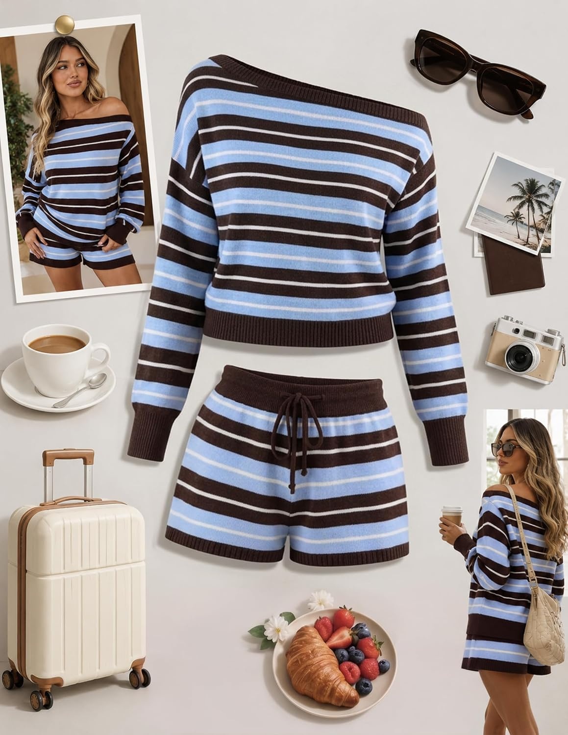image:imageZESICA Womens 2 Piece Striped Casual Long Sleeve Sweater Shorts SetsBlue