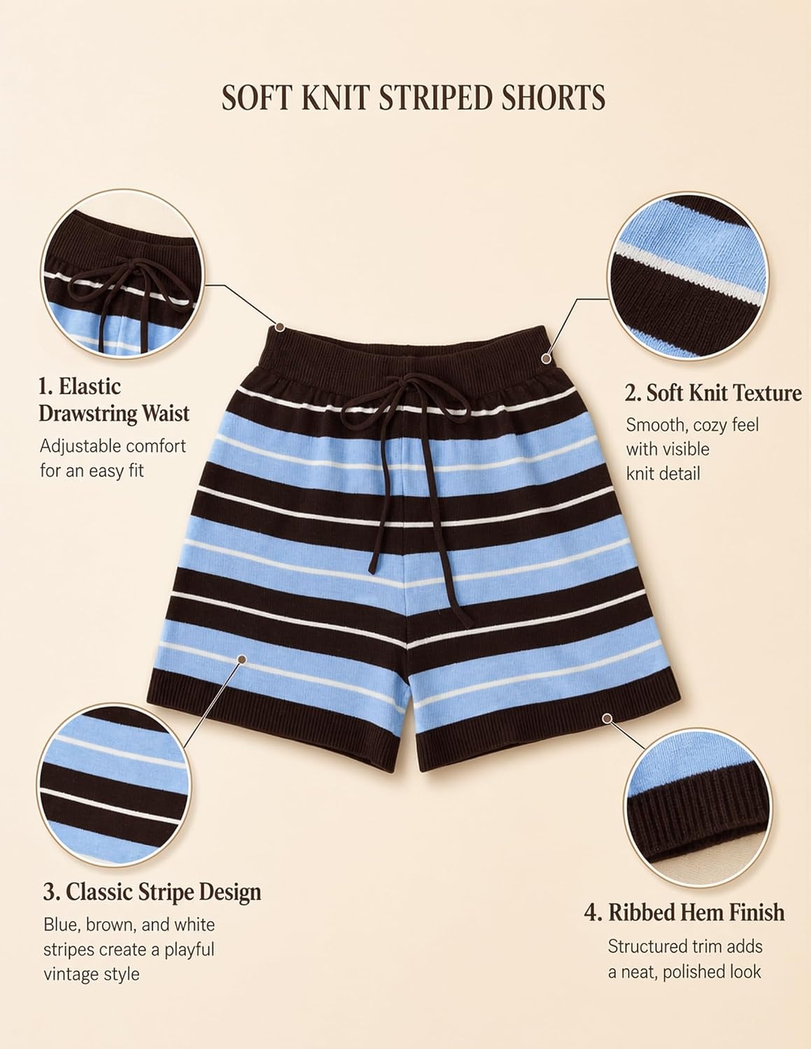 image:imageZESICA Womens 2 Piece Striped Casual Long Sleeve Sweater Shorts SetsBlue