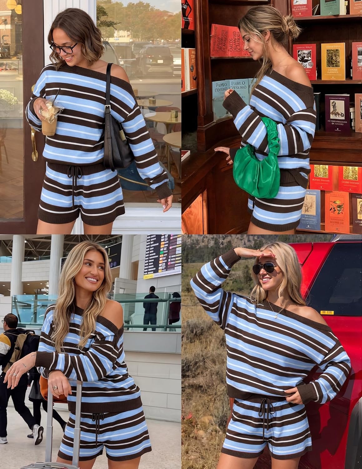 image:imageZESICA Womens 2 Piece Striped Casual Long Sleeve Sweater Shorts SetsBlue