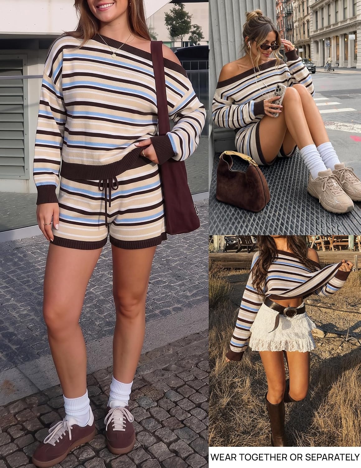 image:imageZESICA Womens 2 Piece Striped Casual Long Sleeve Sweater Shorts SetsBrown