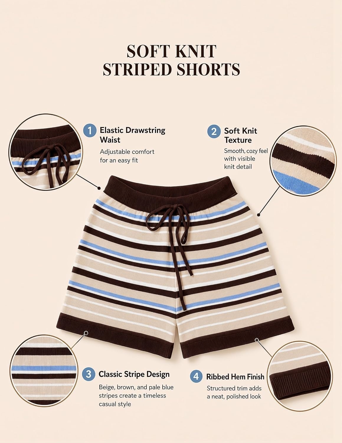 image:imageZESICA Womens 2 Piece Striped Casual Long Sleeve Sweater Shorts SetsBrown