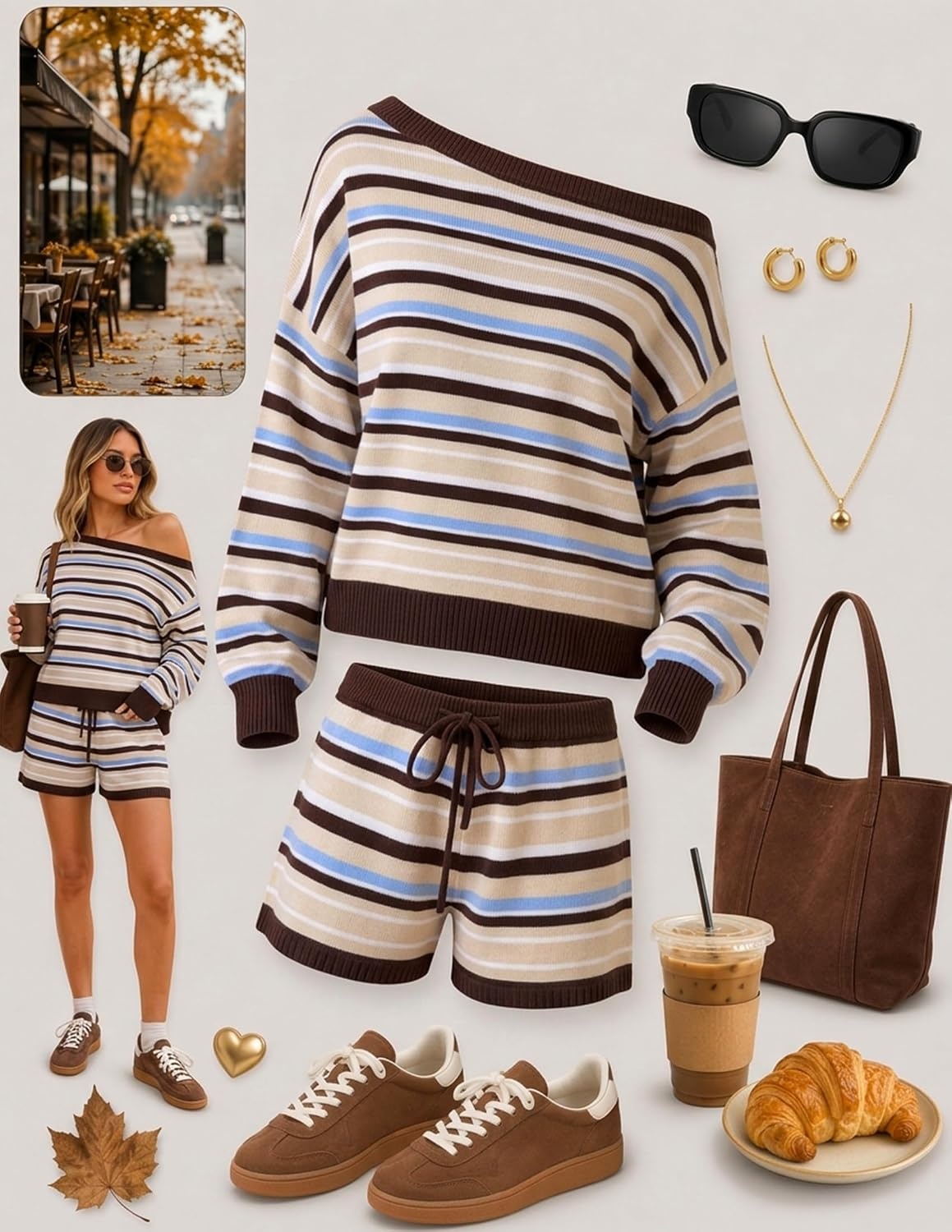 image:imageZESICA Womens 2 Piece Striped Casual Long Sleeve Sweater Shorts SetsBrown