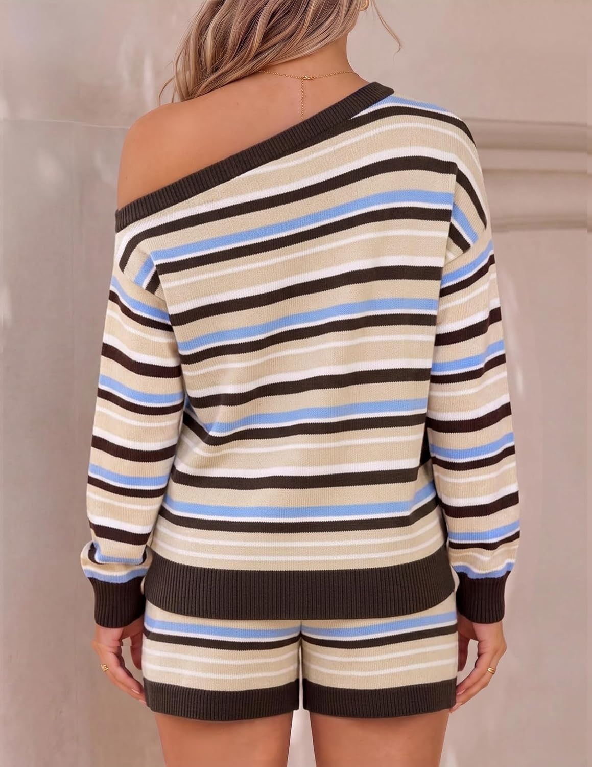 image:imageZESICA Womens 2 Piece Striped Casual Long Sleeve Sweater Shorts SetsBrown