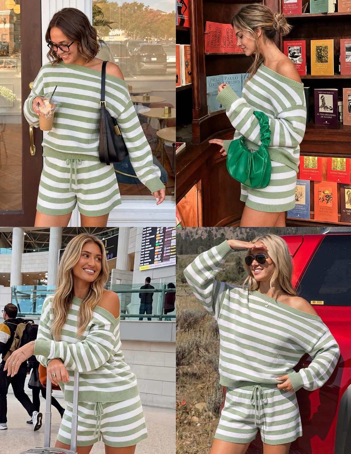 image:imageZESICA Womens 2 Piece Striped Casual Long Sleeve Sweater Shorts SetsGreen