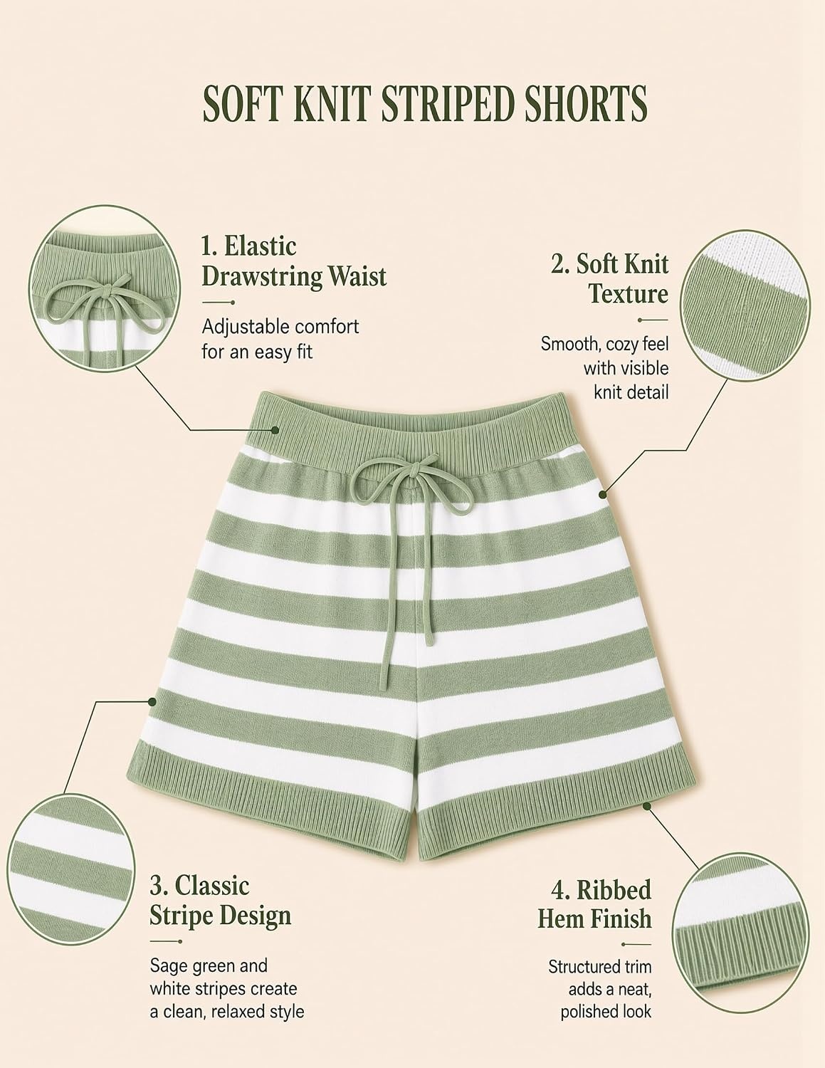 image:imageZESICA Womens 2 Piece Striped Casual Long Sleeve Sweater Shorts SetsGreen