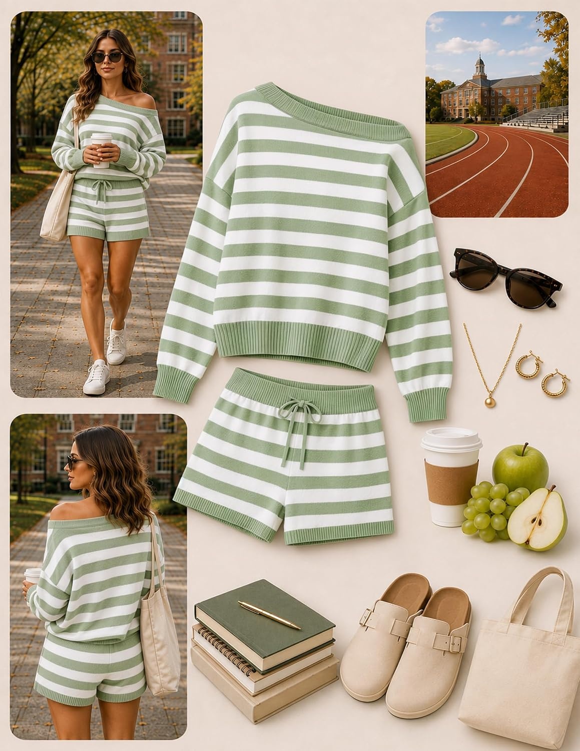 image:imageZESICA Womens 2 Piece Striped Casual Long Sleeve Sweater Shorts SetsGreen