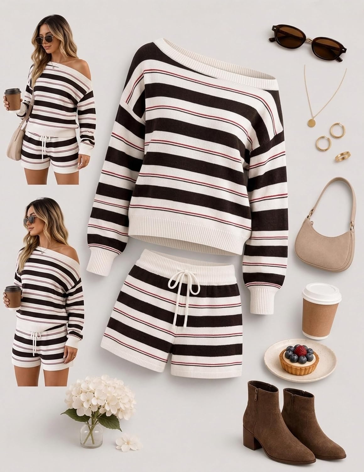 image:imageZESICA Womens 2 Piece Striped Casual Long Sleeve Sweater Shorts SetsIvory