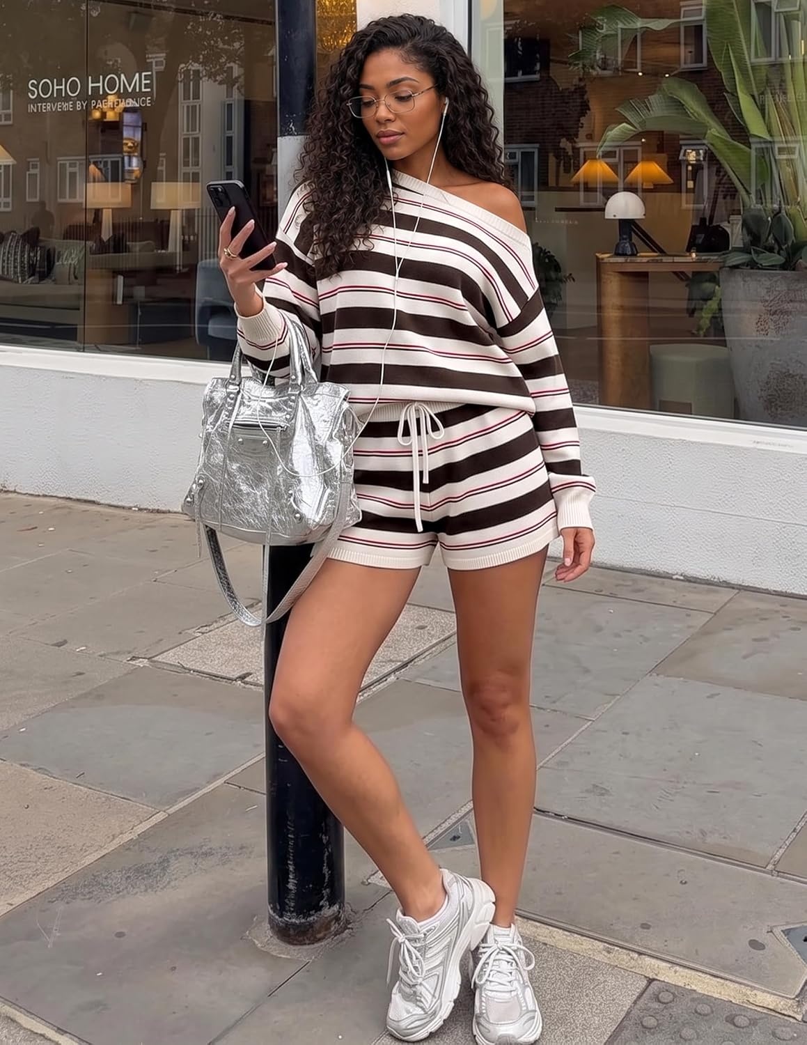 image:imageZESICA Womens 2 Piece Striped Casual Long Sleeve Sweater Shorts SetsIvory