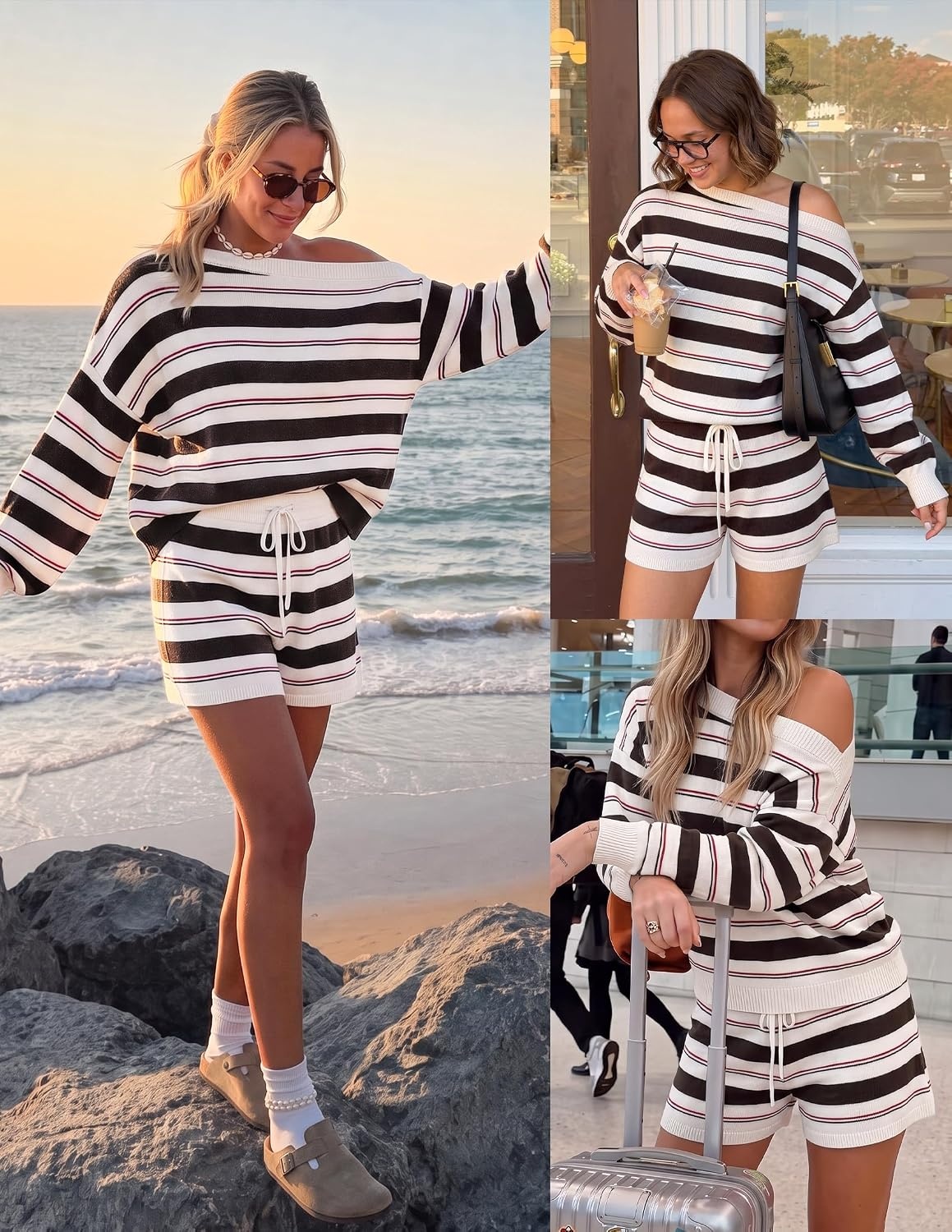 image:imageZESICA Womens 2 Piece Striped Casual Long Sleeve Sweater Shorts SetsIvory
