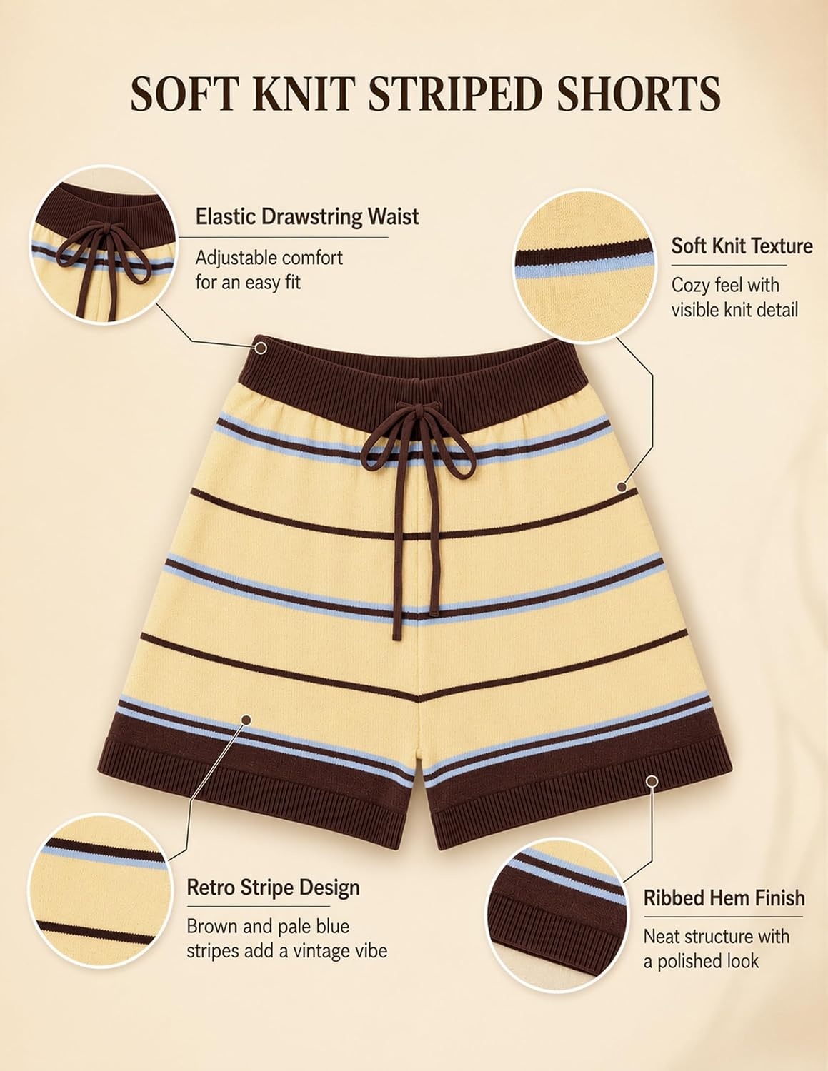 image:imageZESICA Womens 2 Piece Striped Casual Long Sleeve Sweater Shorts SetsLight Yellow