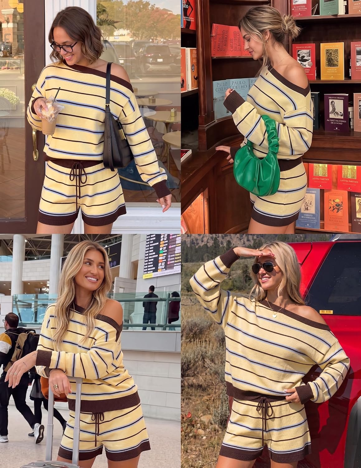 image:imageZESICA Womens 2 Piece Striped Casual Long Sleeve Sweater Shorts SetsLight Yellow