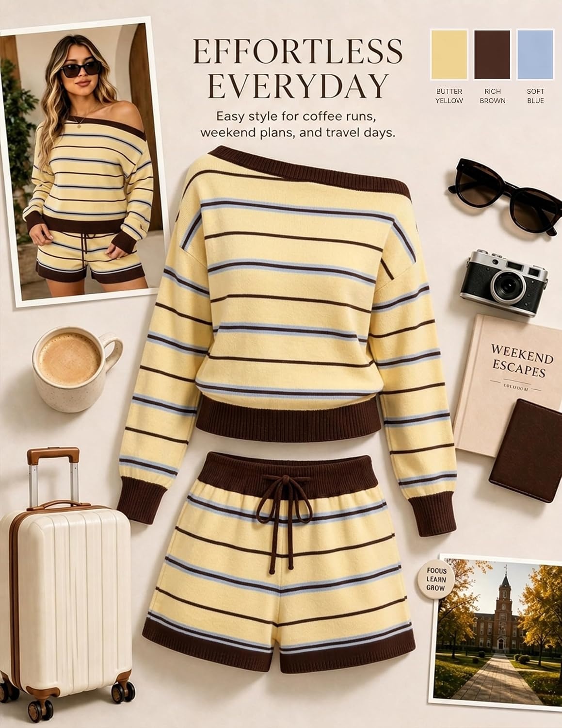 image:imageZESICA Womens 2 Piece Striped Casual Long Sleeve Sweater Shorts SetsLight Yellow