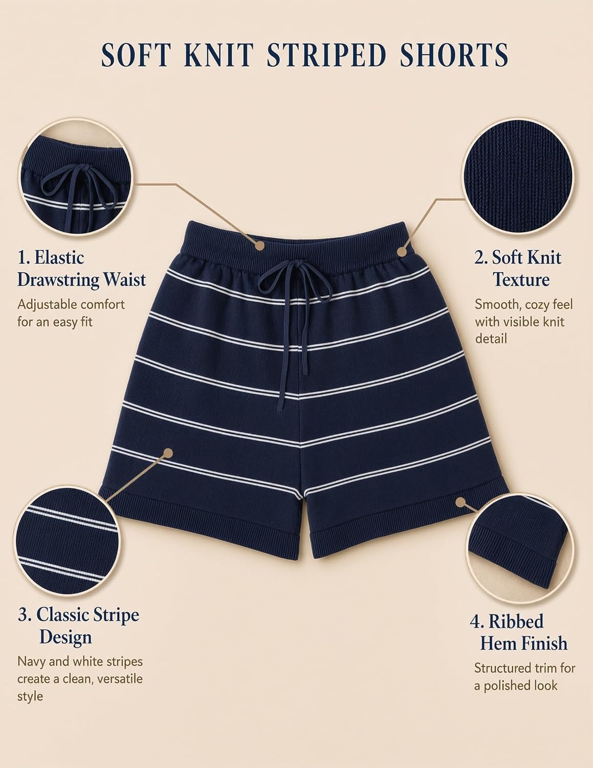 image:imageZESICA Womens 2 Piece Striped Casual Long Sleeve Sweater Shorts SetsNavy