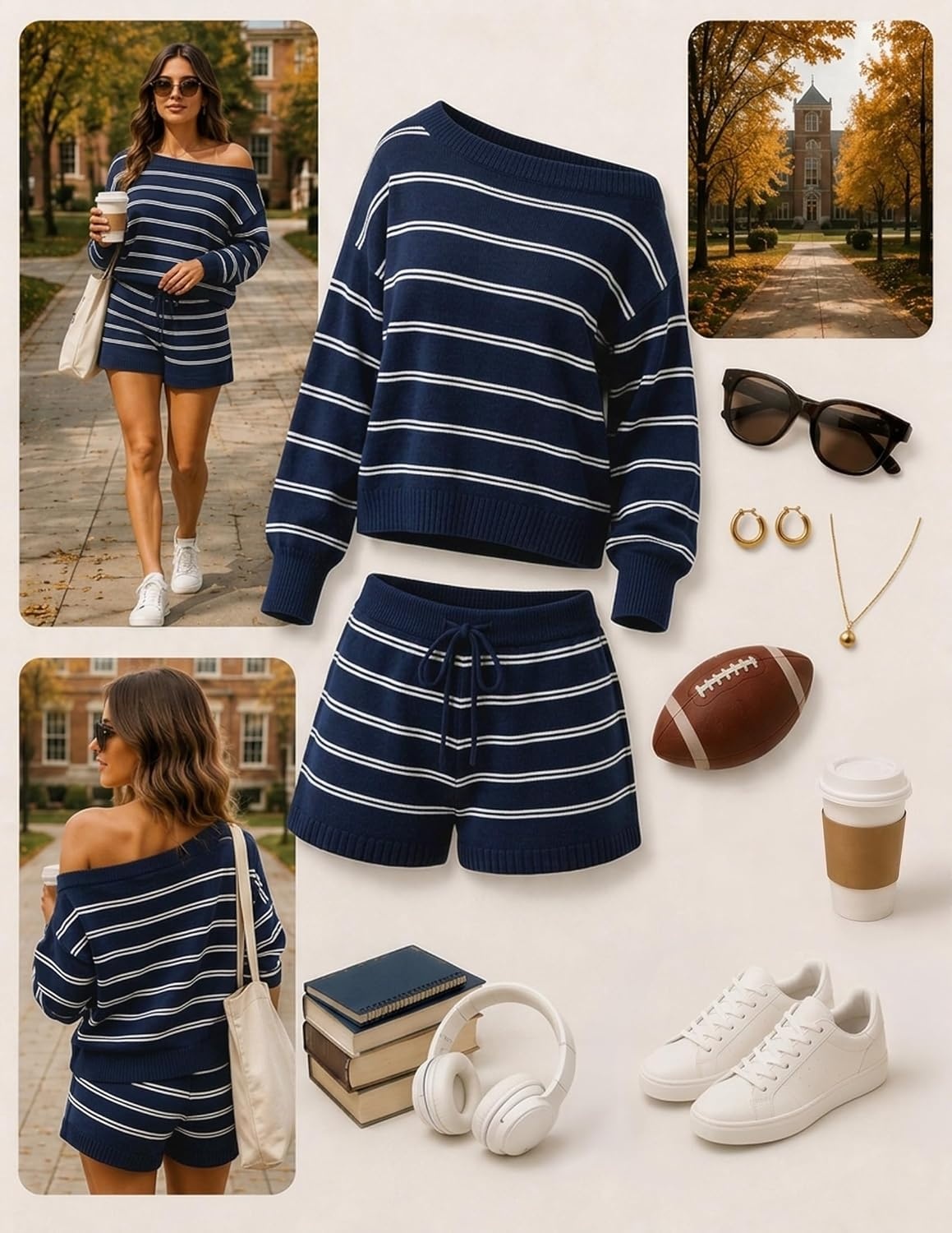 image:imageZESICA Womens 2 Piece Striped Casual Long Sleeve Sweater Shorts SetsNavy
