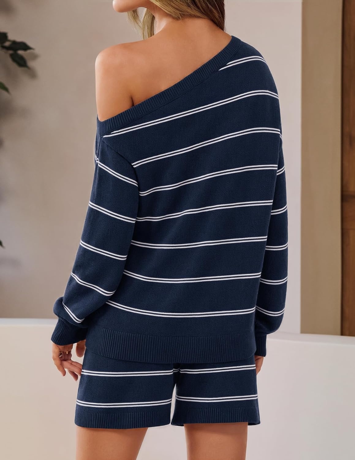 image:imageZESICA Womens 2 Piece Striped Casual Long Sleeve Sweater Shorts SetsNavy