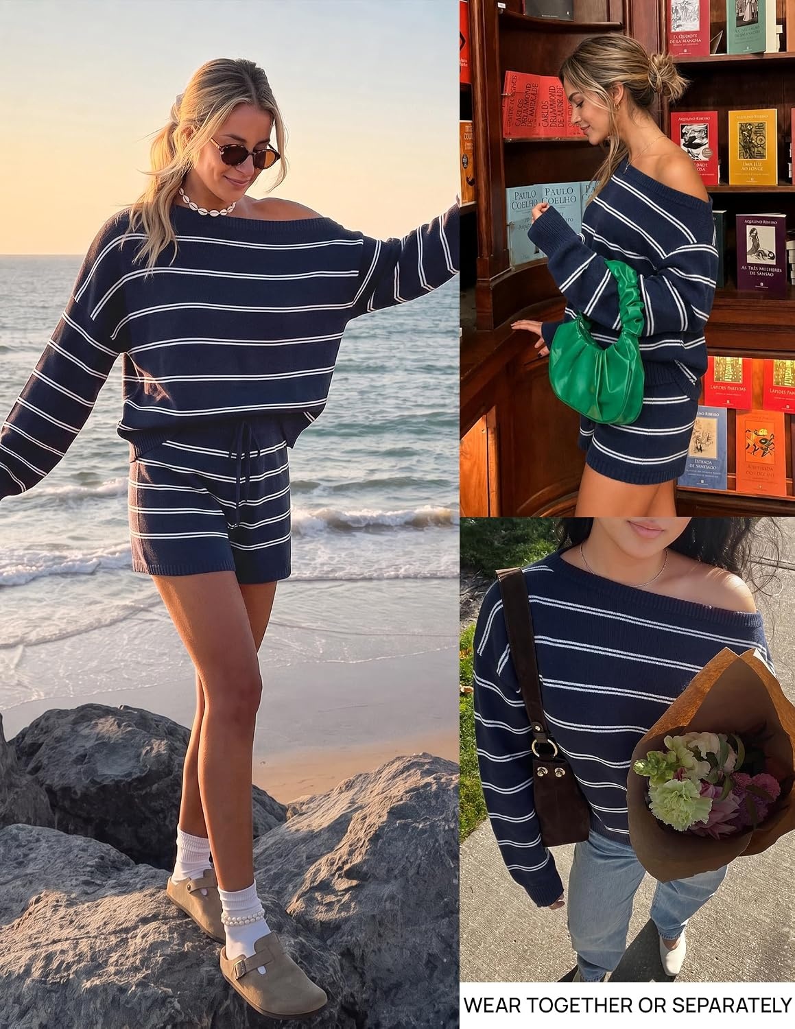 image:imageZESICA Womens 2 Piece Striped Casual Long Sleeve Sweater Shorts SetsNavy