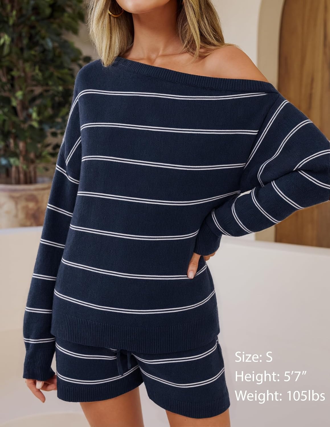 image:imageZESICA Womens 2 Piece Striped Casual Long Sleeve Sweater Shorts SetsNavy