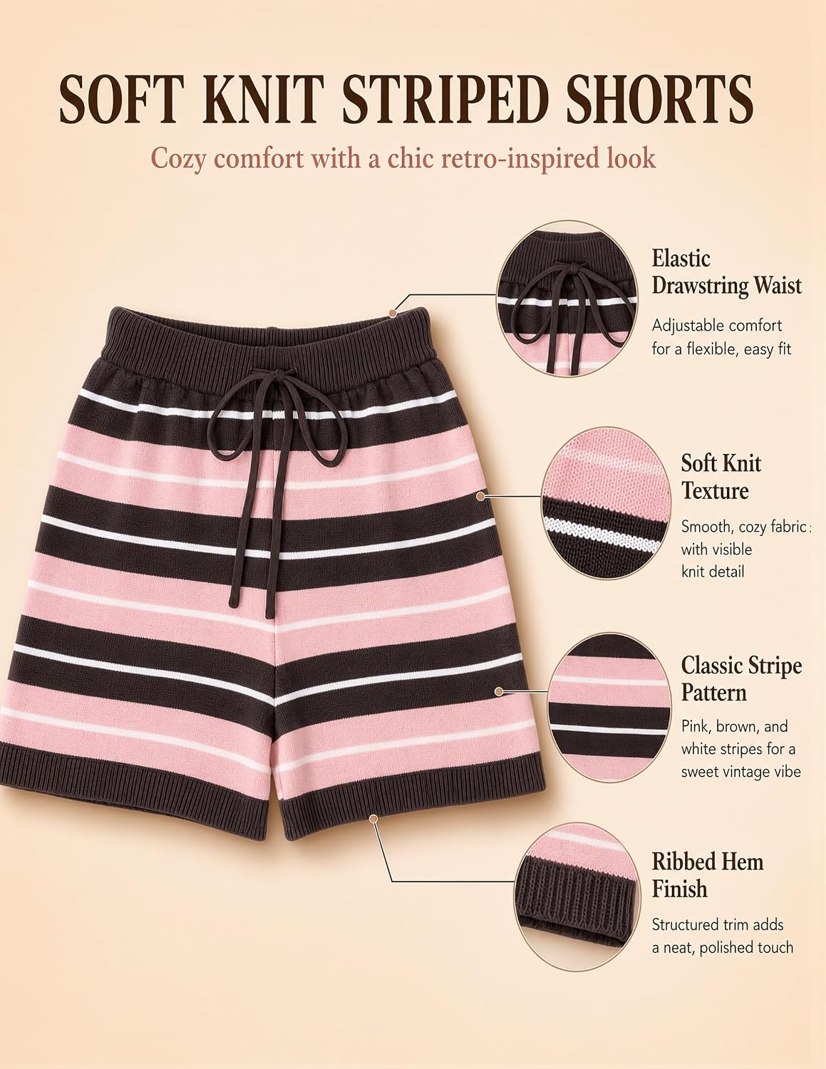 image:imageZESICA Womens 2 Piece Striped Casual Long Sleeve Sweater Shorts SetsPink