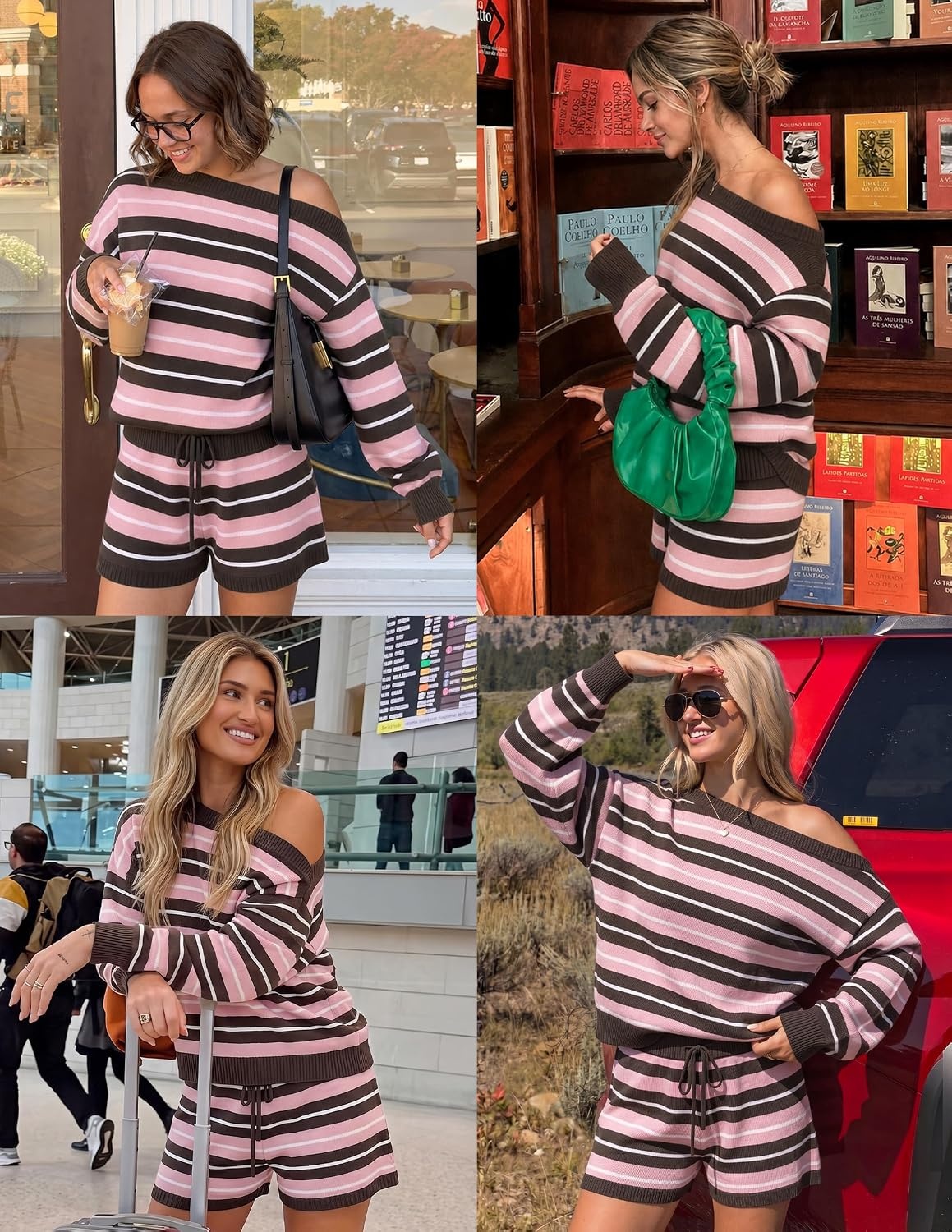 image:imageZESICA Womens 2 Piece Striped Casual Long Sleeve Sweater Shorts SetsPink