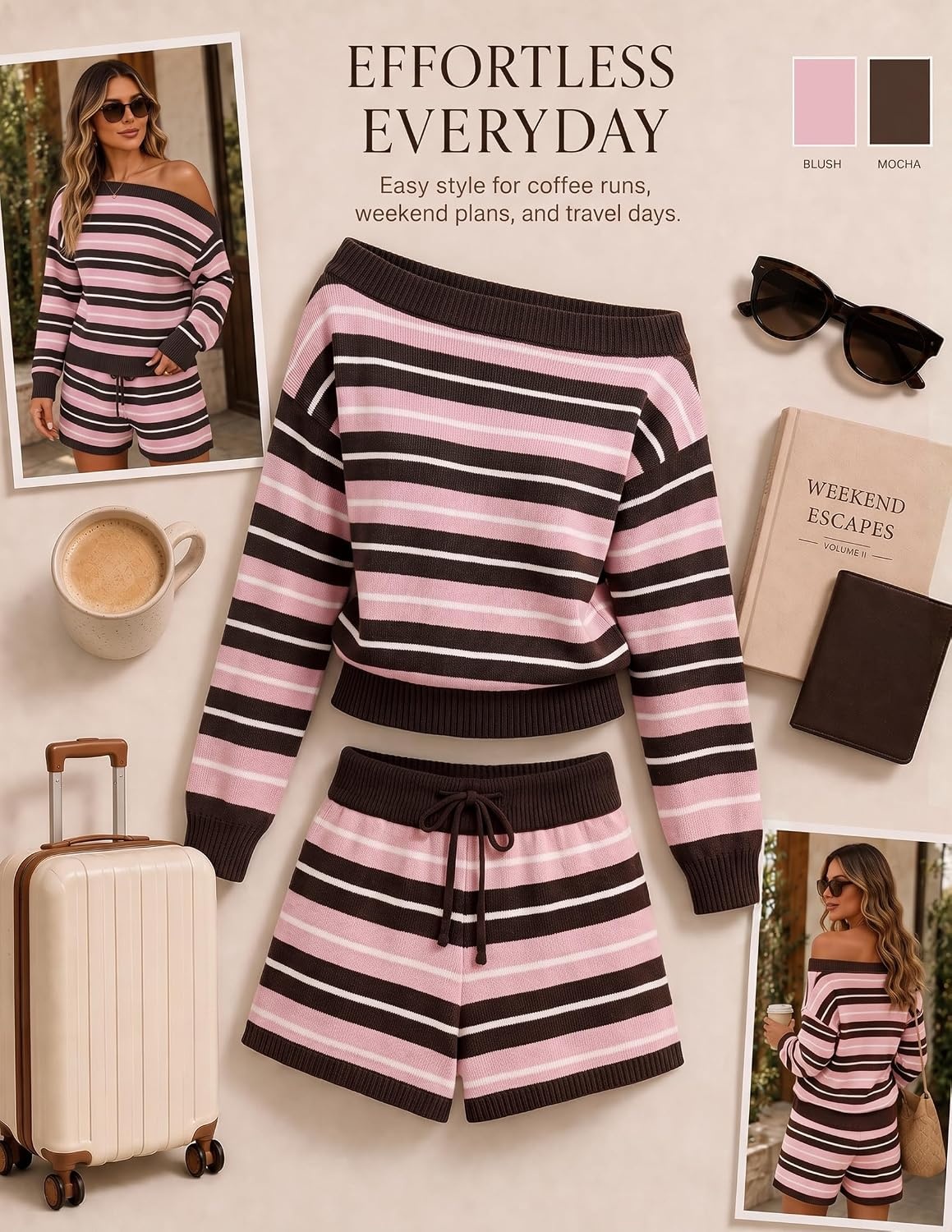 image:imageZESICA Womens 2 Piece Striped Casual Long Sleeve Sweater Shorts SetsPink