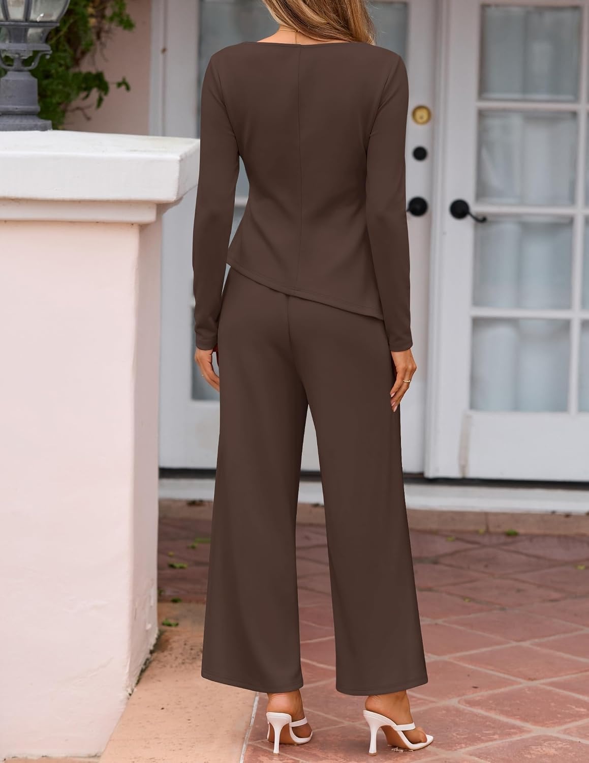 image:imageZESICA Womens Fall 2 Piece Dressy Pant Sets Work Office OutfitsBrown