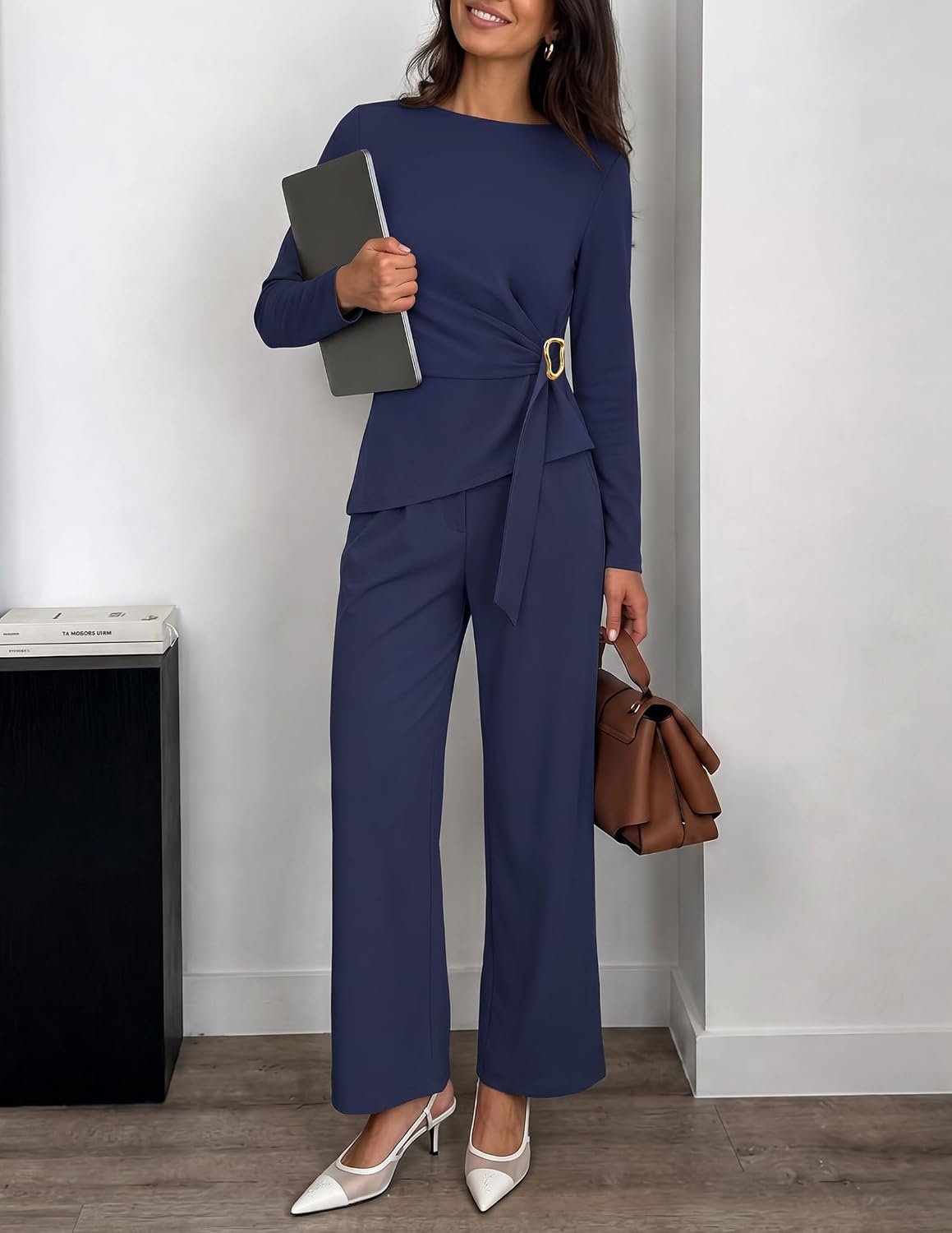 image:imageZESICA Womens Fall 2 Piece Dressy Pant Sets Work Office OutfitsNavy