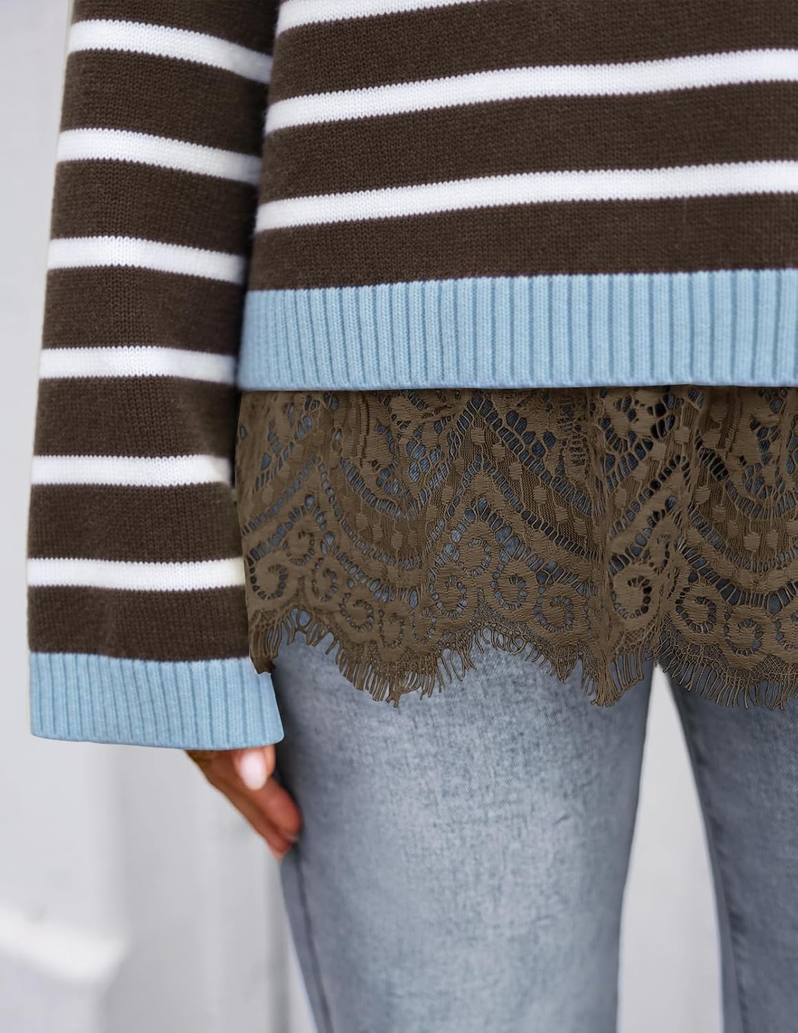 image:imageZESICA Womens Fall Winter Sweaters 2026 Lace Trim Pullover TopsBrown Stripe