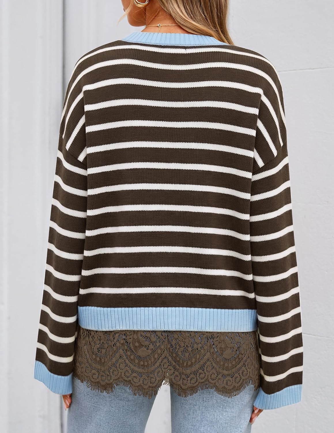 image:imageZESICA Womens Fall Winter Sweaters 2026 Lace Trim Pullover TopsBrown Stripe