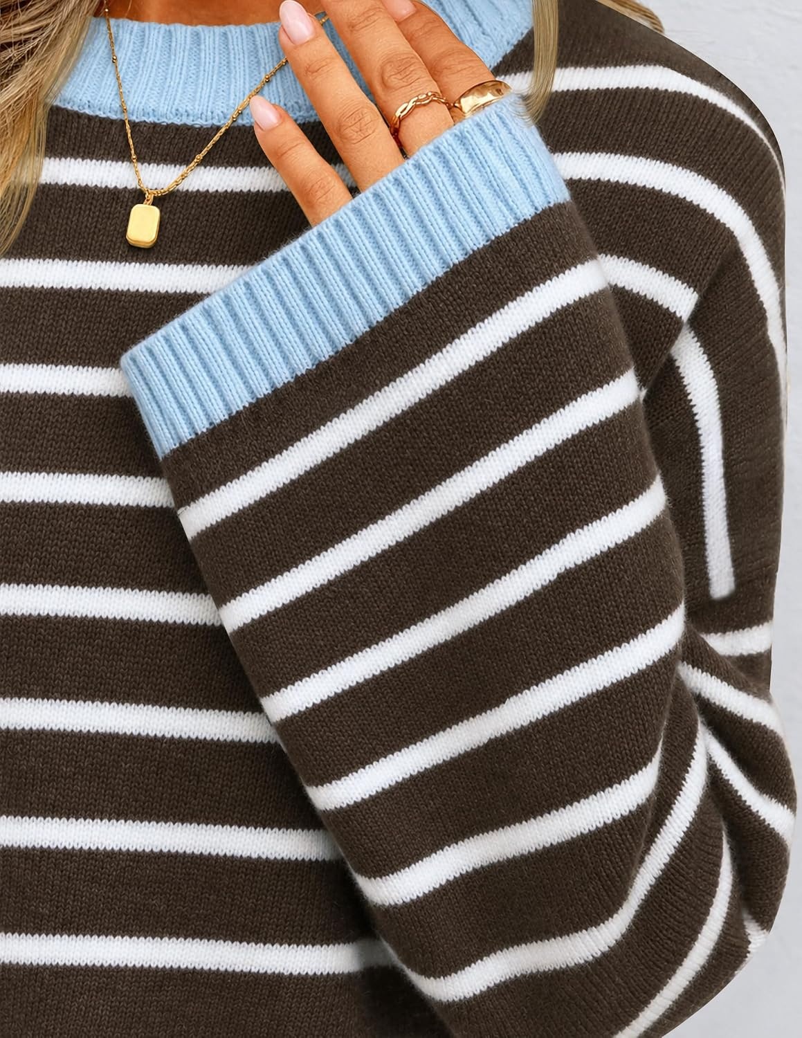 image:imageZESICA Womens Fall Winter Sweaters 2026 Lace Trim Pullover TopsBrown Stripe