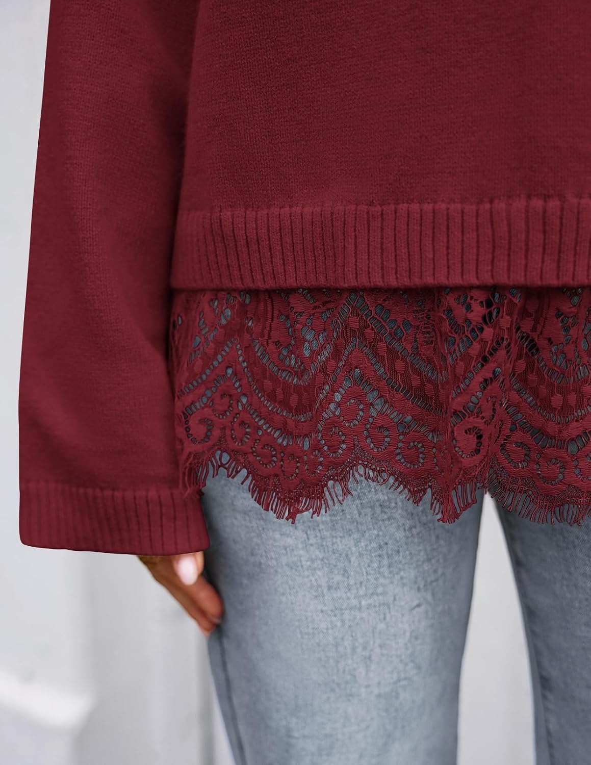 image:imageZESICA Womens Fall Winter Sweaters 2026 Lace Trim Pullover TopsBurgundy
