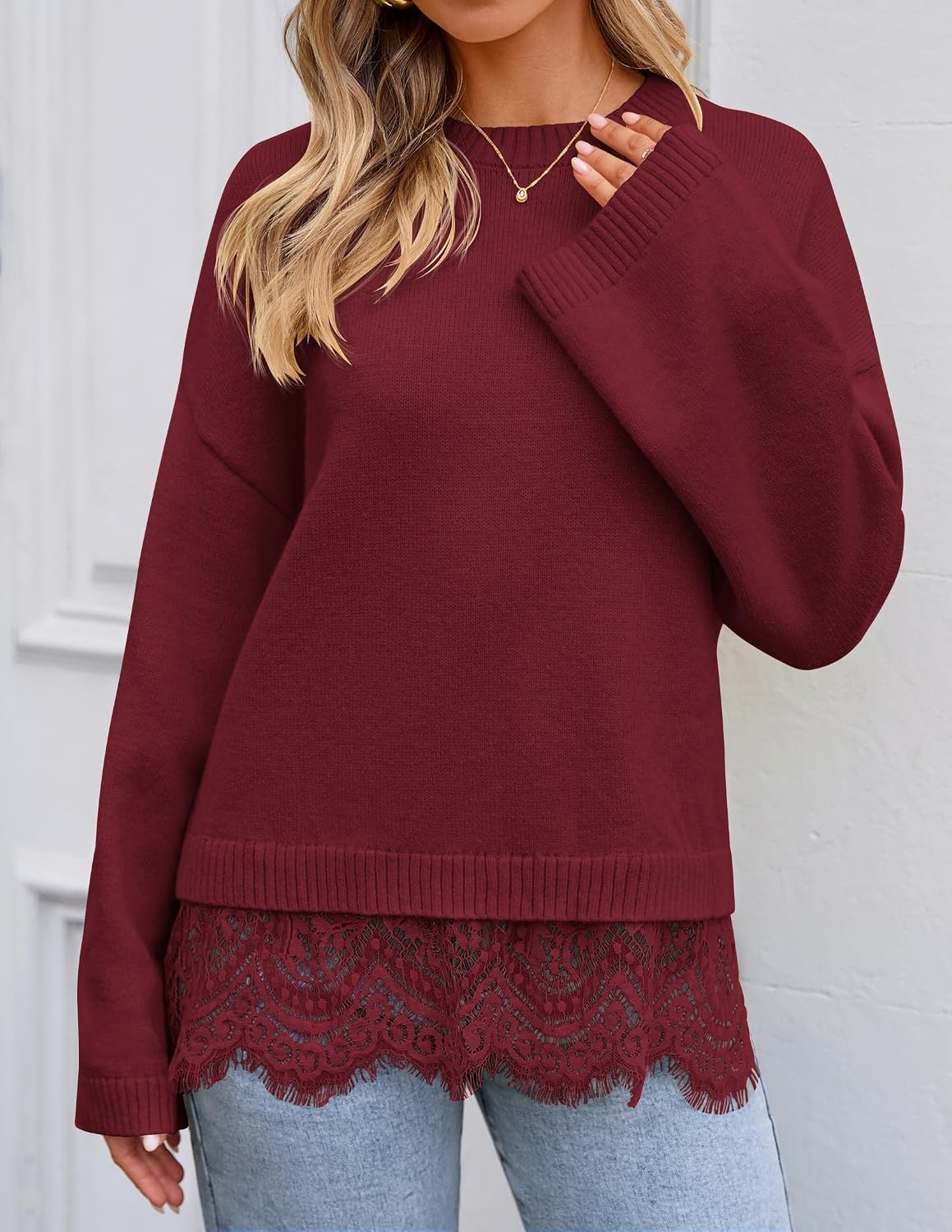 image:imageZESICA Womens Fall Winter Sweaters 2026 Lace Trim Pullover TopsBurgundy