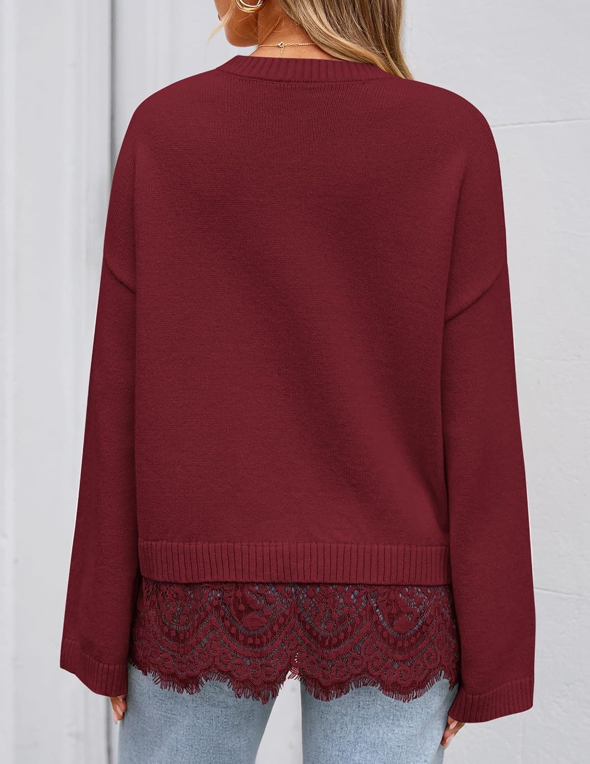 image:imageZESICA Womens Fall Winter Sweaters 2026 Lace Trim Pullover TopsBurgundy