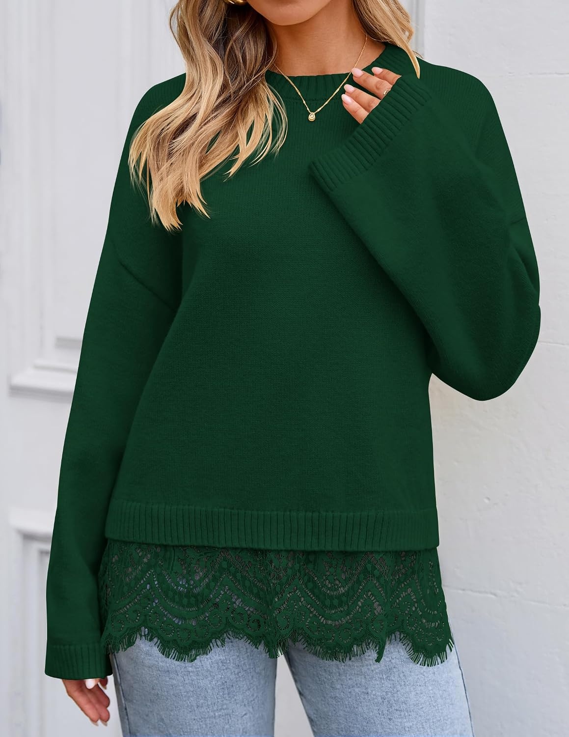 image:imageZESICA Womens Fall Winter Sweaters 2026 Lace Trim Pullover TopsDark Green