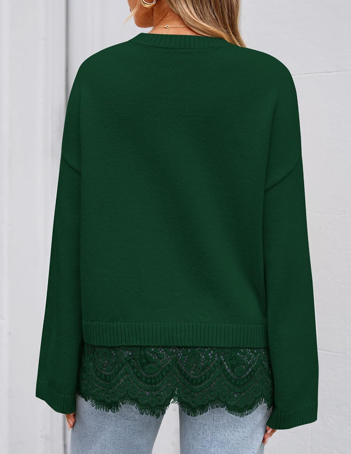 image:imageZESICA Womens Fall Winter Sweaters 2026 Lace Trim Pullover TopsDark Green