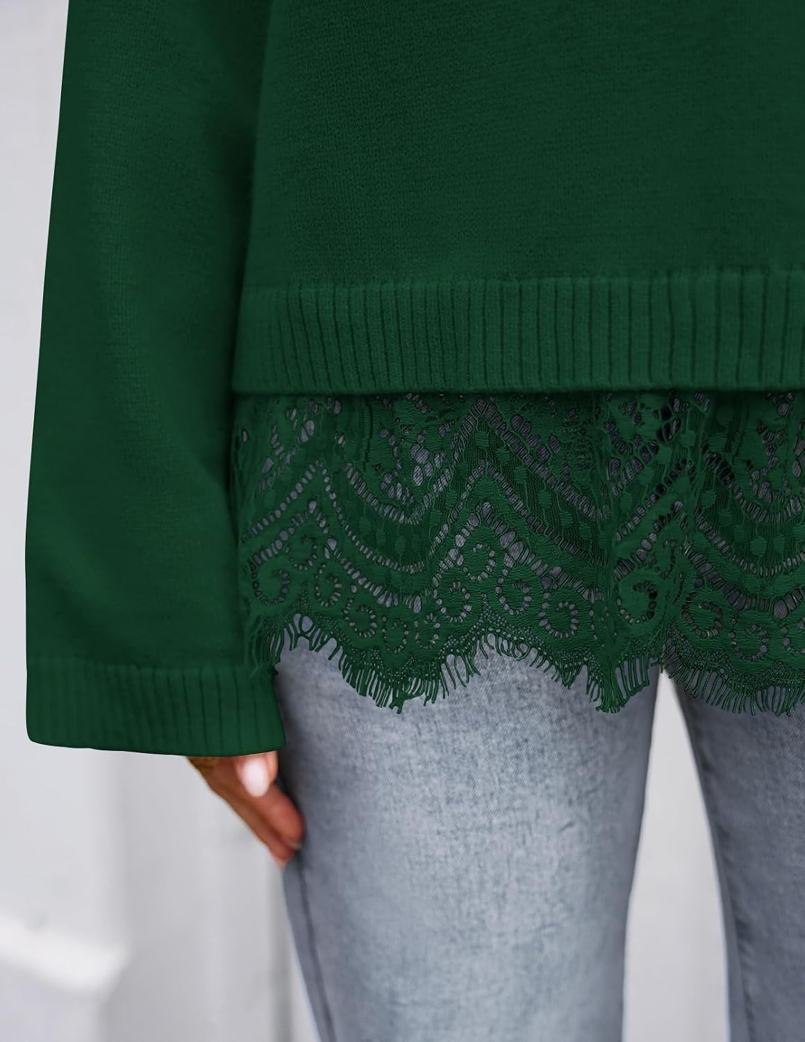 image:imageZESICA Womens Fall Winter Sweaters 2026 Lace Trim Pullover TopsDark Green