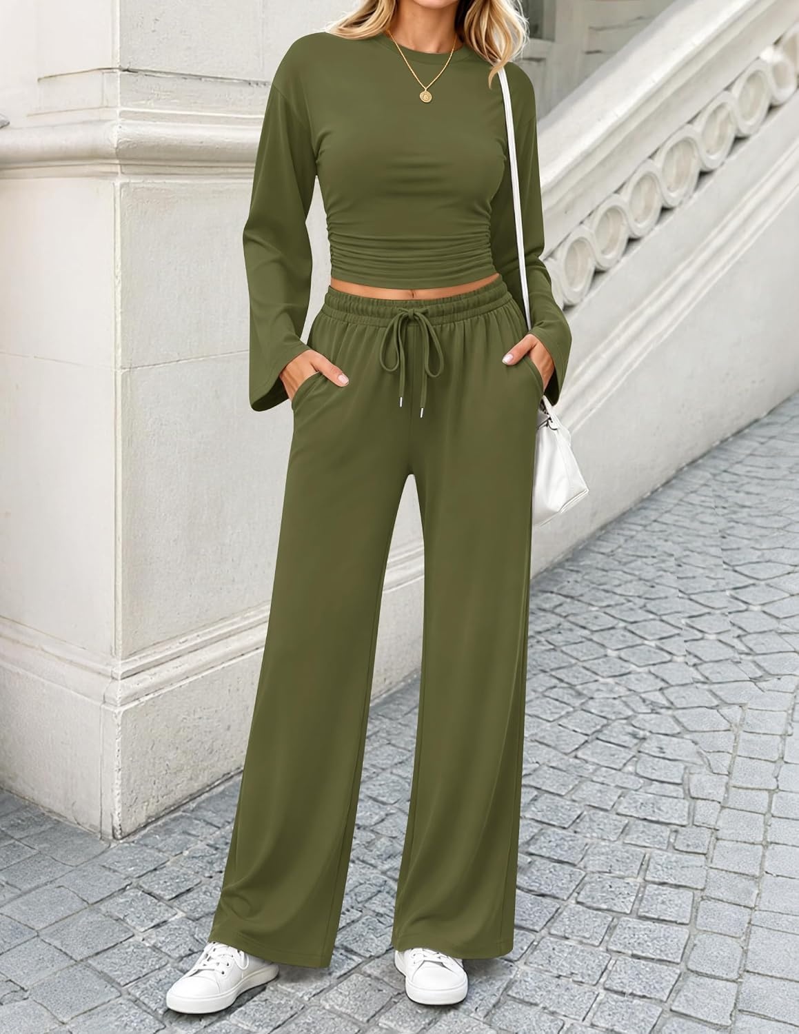 image:imageZESICA Womens Two Piece Outfits 2026 Fall Matching Lounge Sets with PocketArmy Green