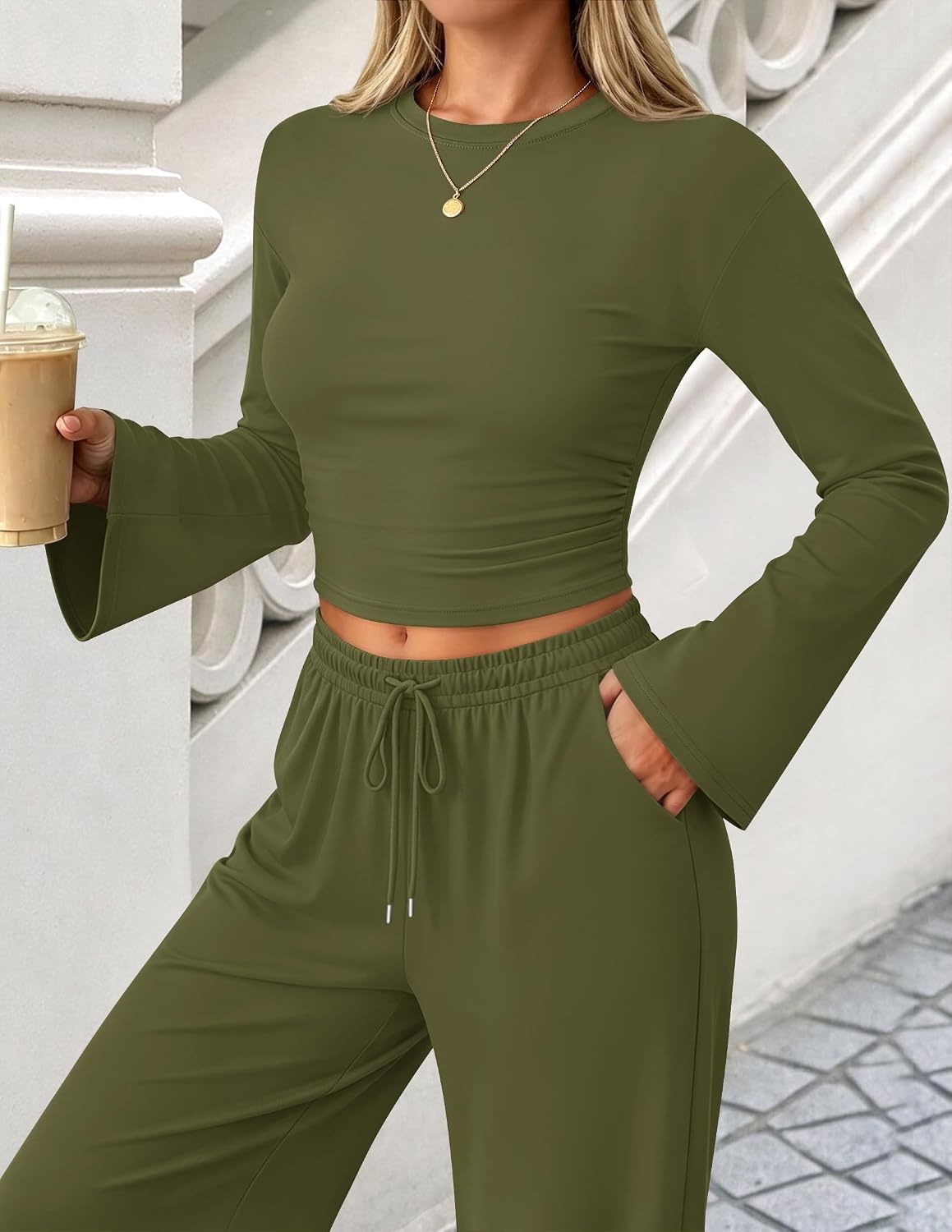 image:imageZESICA Womens Two Piece Outfits 2026 Fall Matching Lounge Sets with PocketArmy Green