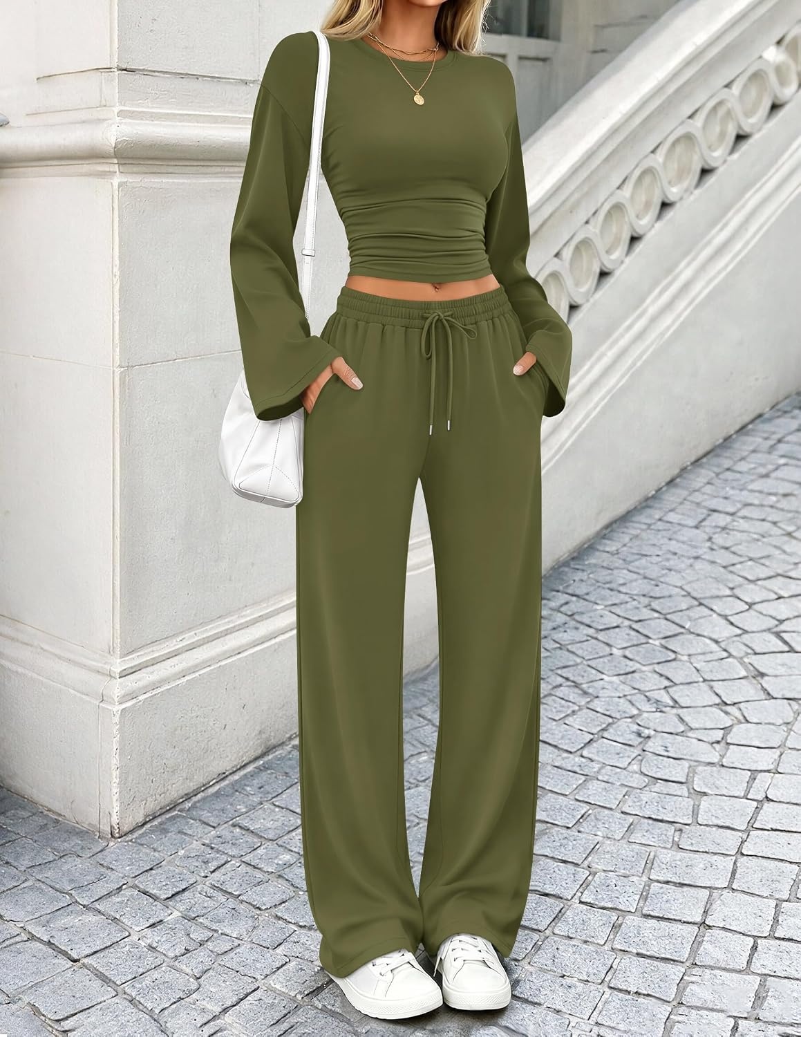 image:imageZESICA Womens Two Piece Outfits 2026 Fall Matching Lounge Sets with PocketArmy Green