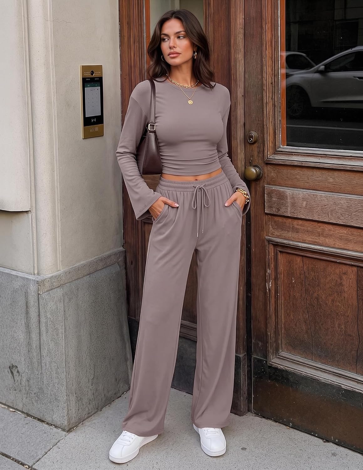 image:imageZESICA Womens Two Piece Outfits 2026 Fall Matching Lounge Sets with PocketRose Taupe